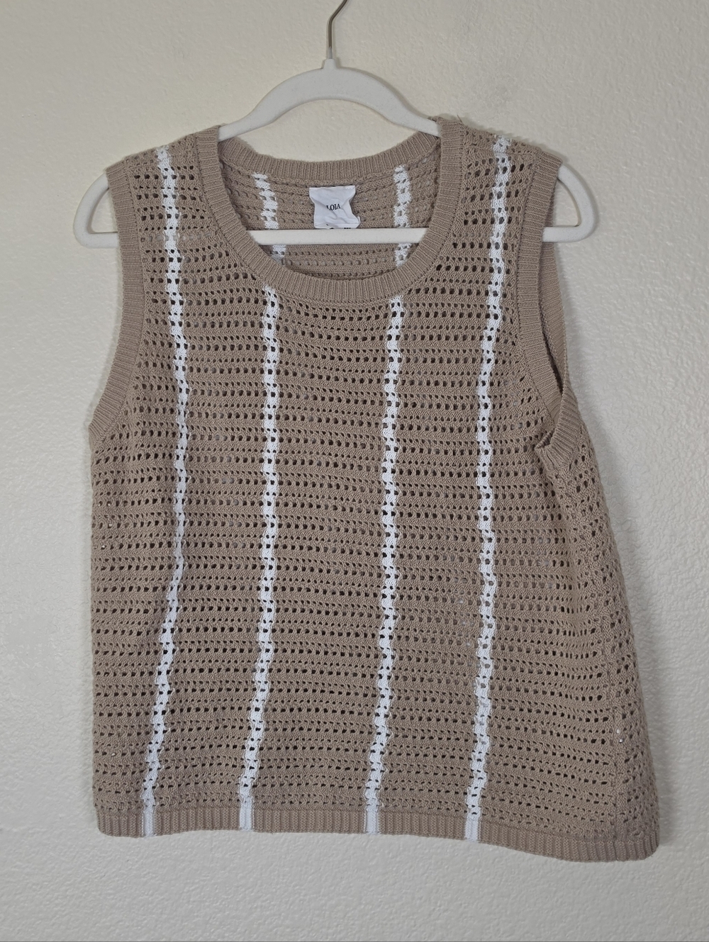 Lola Beige and White Open-Weave Crochet Tank Top L